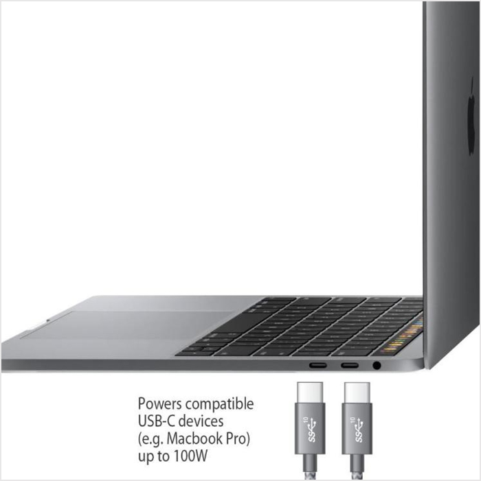 Two connectors of a USB-C cable are displayed against laptop with two USB-C ports.
